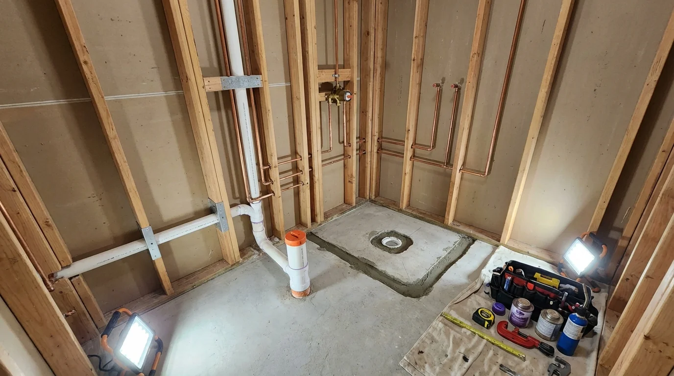 Bathroom rough-in plumbing during remodel by Johns Plumbing LLC in Maquoketa