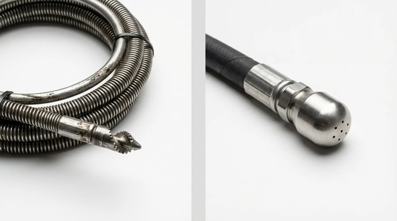 Drain snake cable and hydro jetting nozzle used for drain cleaning in Maquoketa, IA