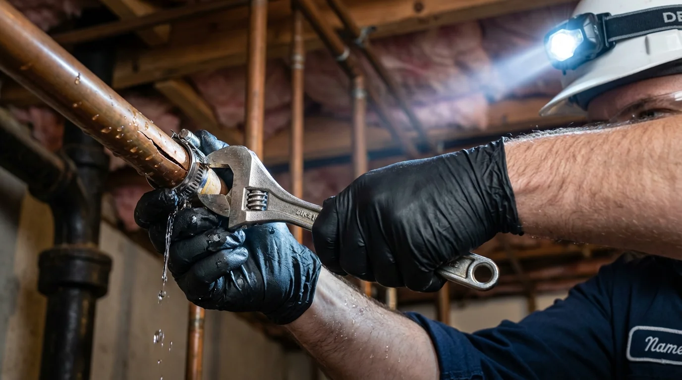 Emergency pipe clamp repair being performed by a Johns Plumbing LLC plumber in Maquoketa