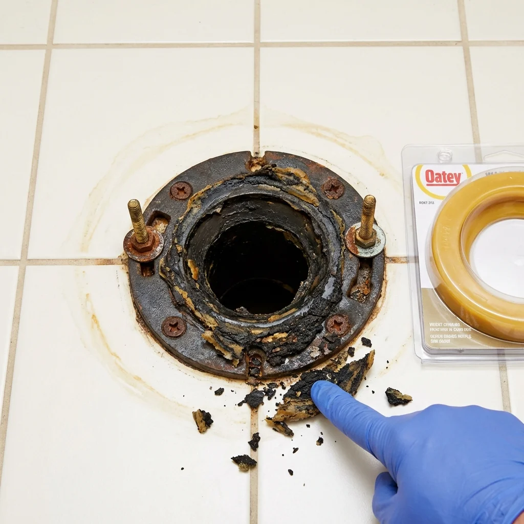 Failed wax ring showing water seepage at the base of a toilet in a Maquoketa, IA home