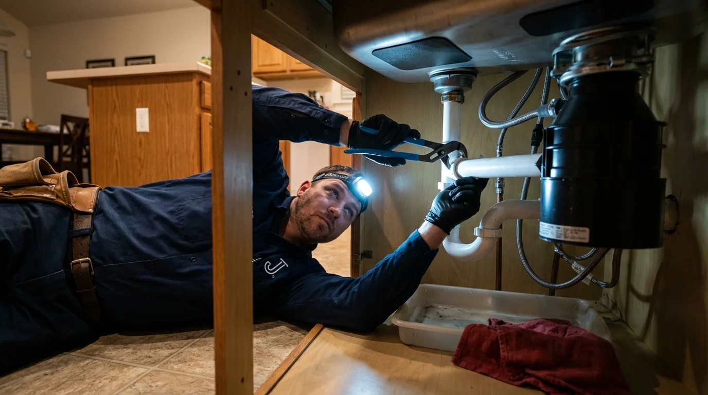 P-trap and supply line connections under a kitchen sink showing a common leak point in Maquoketa, IA